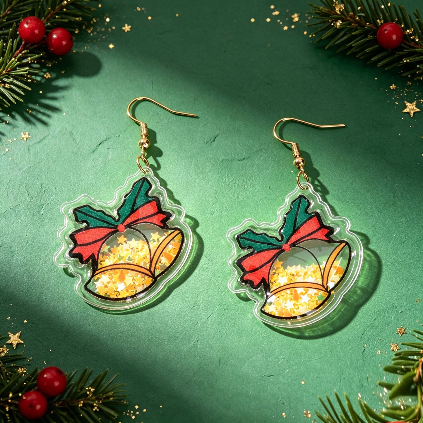 Glitter Christmas Bell Acrylic Dangle Earrings Star Bow Decor Cute Festive Gathering Jewelry Gift