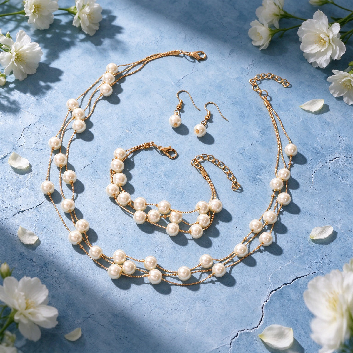 Wedding Party Set Layered Gold Chain Imitation Pearl Necklace Bracelet Earrings