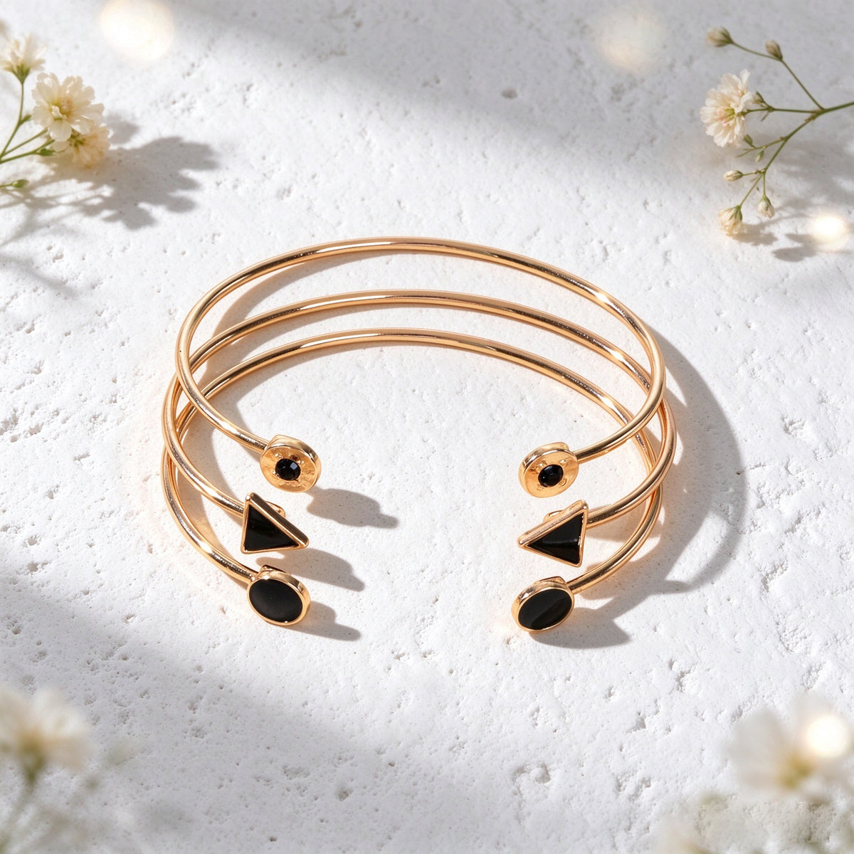 3pcs Gold Cuff Bangle Stackable Black Geometric Triangle Round Open Bracelet