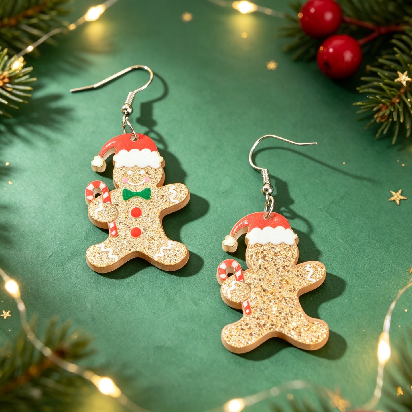 Christmas Cute Sparkly Gingerbread Man Dangle Earrings Holiday Party Jewelry Gift
