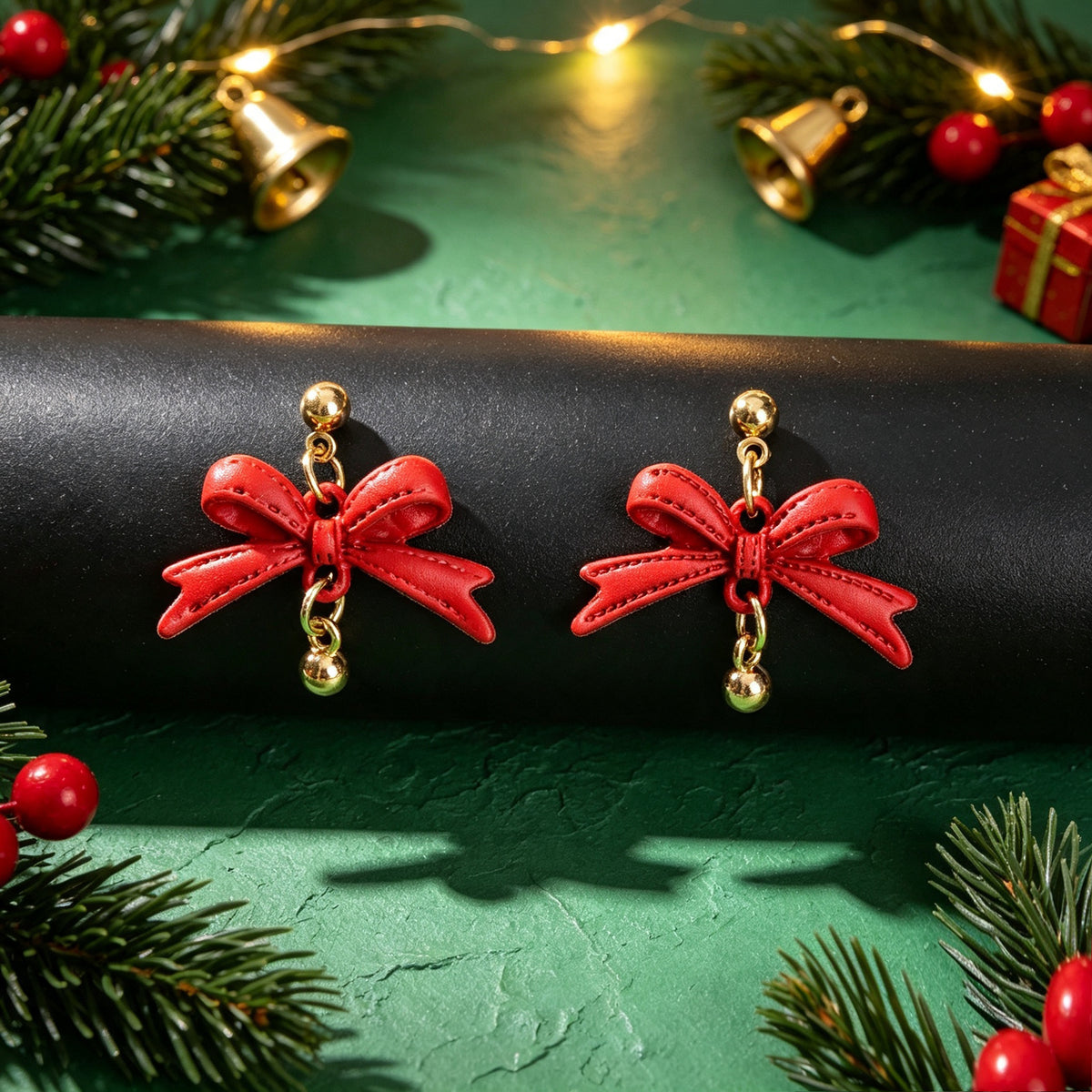 Christmas Jewelry Red PU Leather Bow Dangle Earrings Sweet Cute Party Festival Accessories