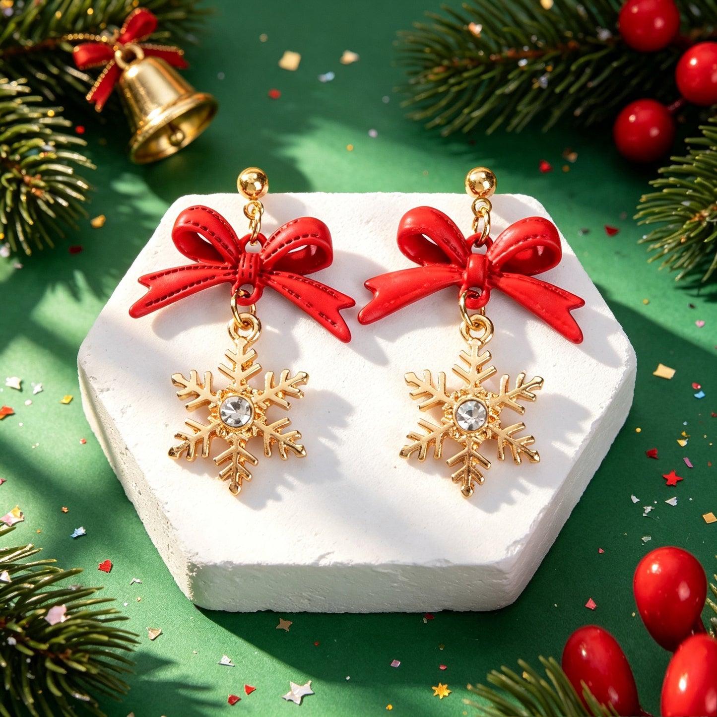 Christmas Sweet Red Bow Gold Snowflake Dangle Earring Xmas Holiday Party Jewelry