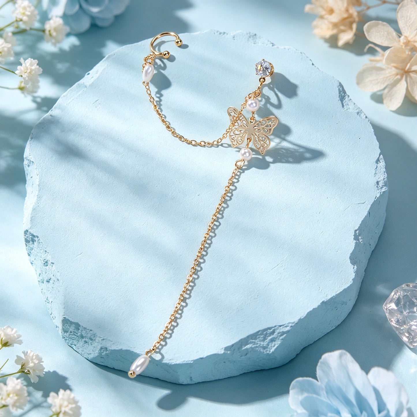 1 pc Butterfly Long Fringe Chain Ear Cuff Climber Earring Imitation Pearl Decor Elegant Prom Party Jewelry