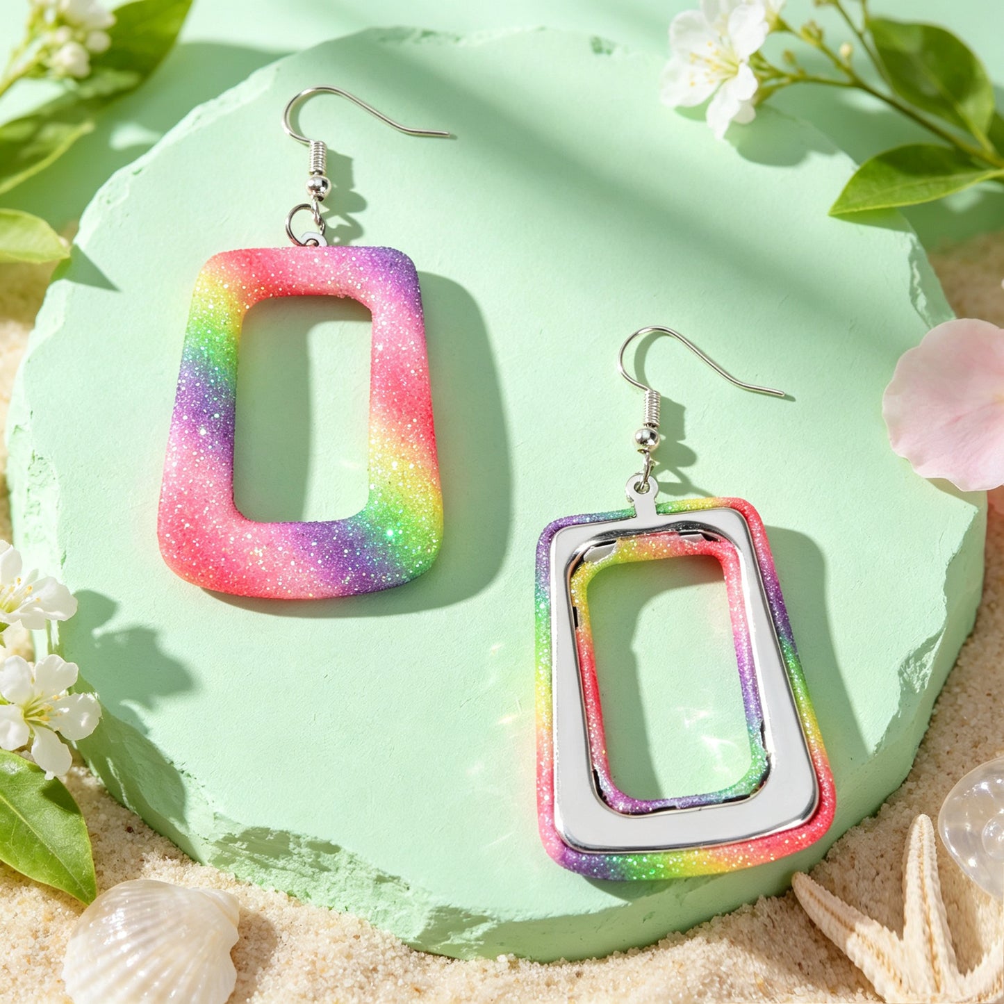 Bright Multicolor Irregular Square Geometric PU Leather Dangle Earrings Beach Vacation Rave Accessories
