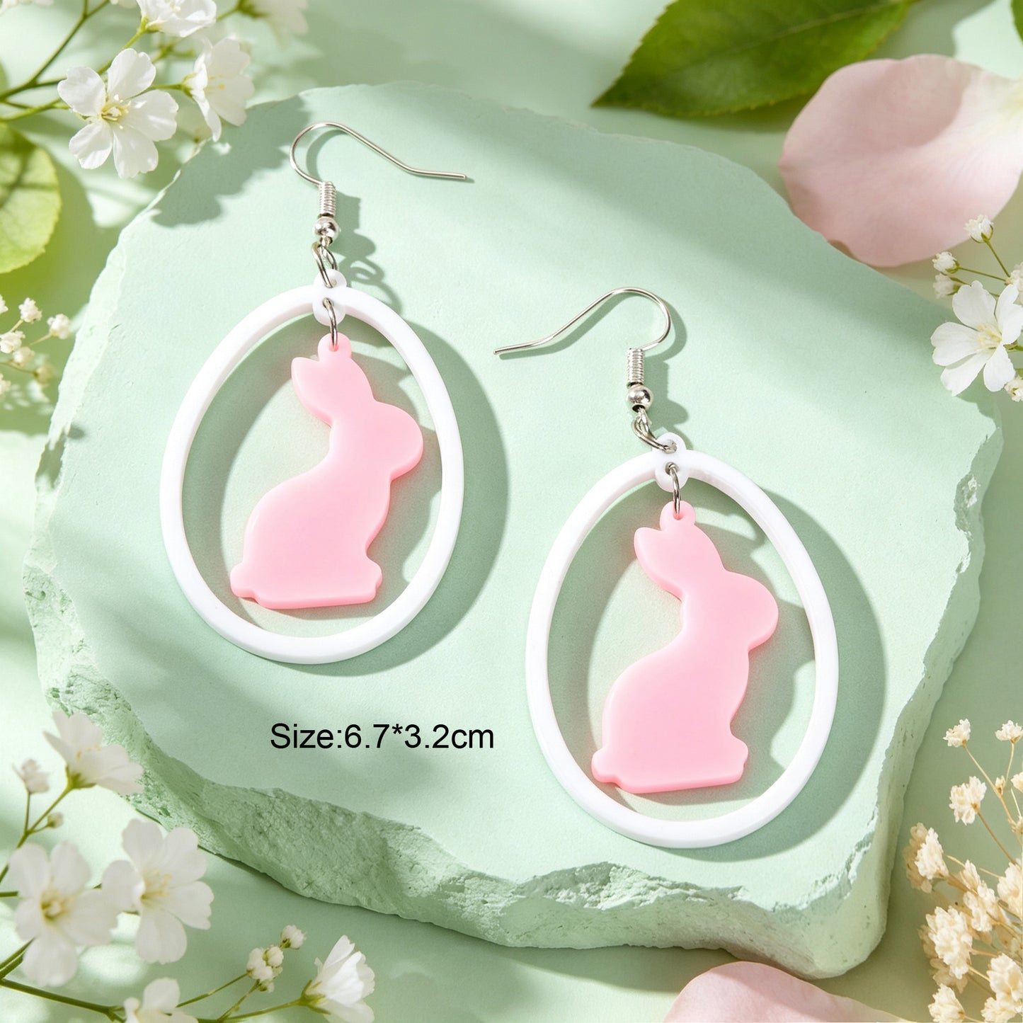 Cute Pink Rabbit Acrylic Dangle Earrings White Oval Frame Easter Beach Sweet Accessories
