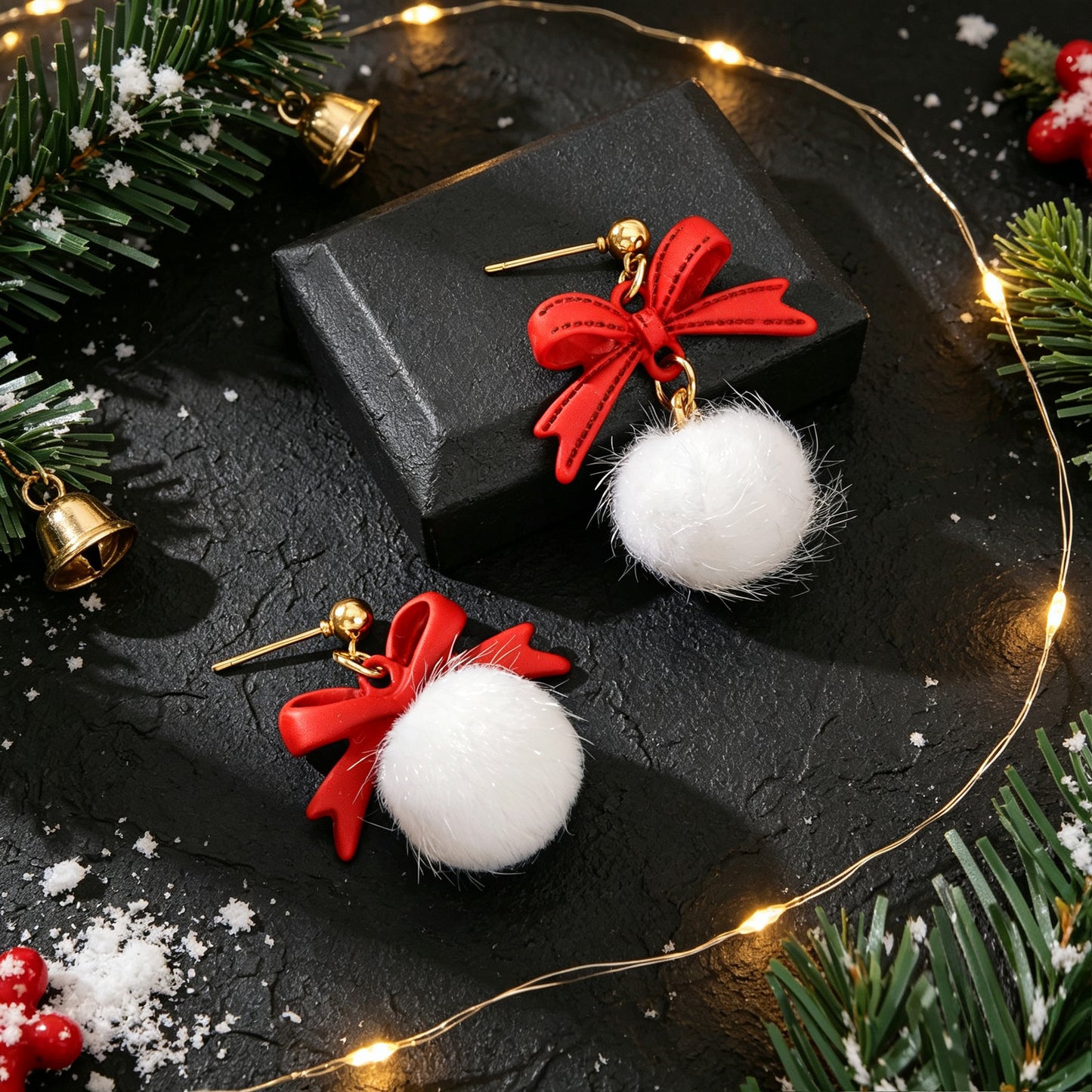 Christmas New Year Red Bow White Furry Ball Earrings Cute Party Jewellery Gift