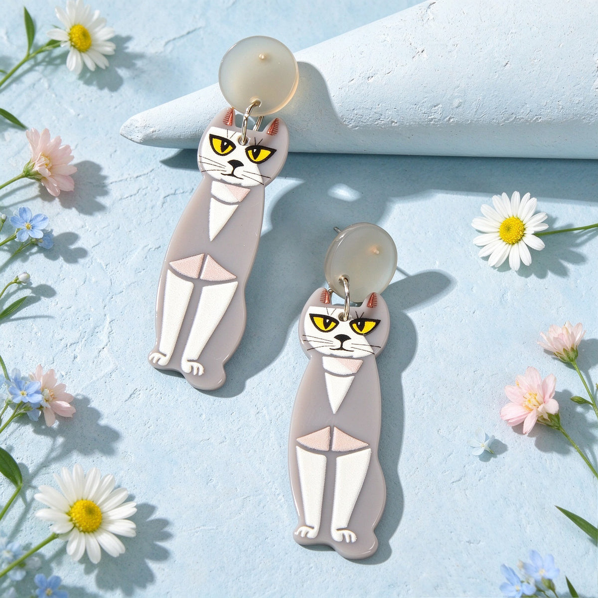 Novelty Long Grey Cat Acrylic Dangle Earrings Gothic Retro Unique Animal Jewelry