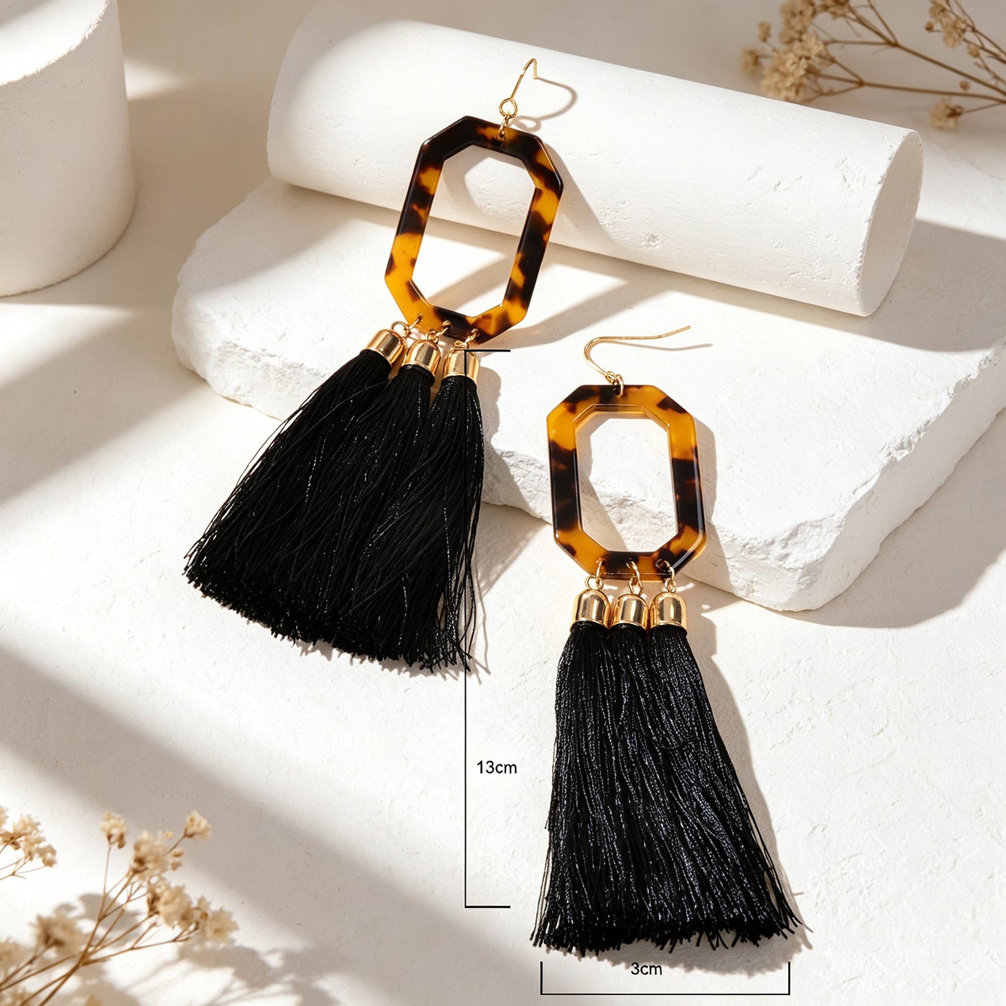 Acrylic Geometric Black Long Tassel Dangle Earrings Bohemian Jewelry for Beach Vacation Holiday