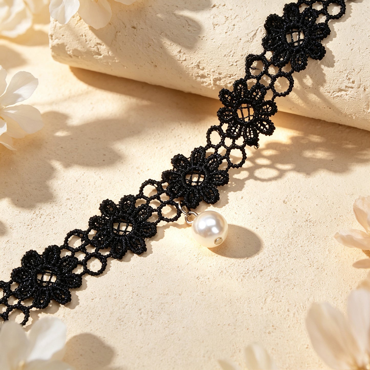 Elegant Black Flower Lace Choker Necklace Imitation Pearl Party Vacation Jewelry