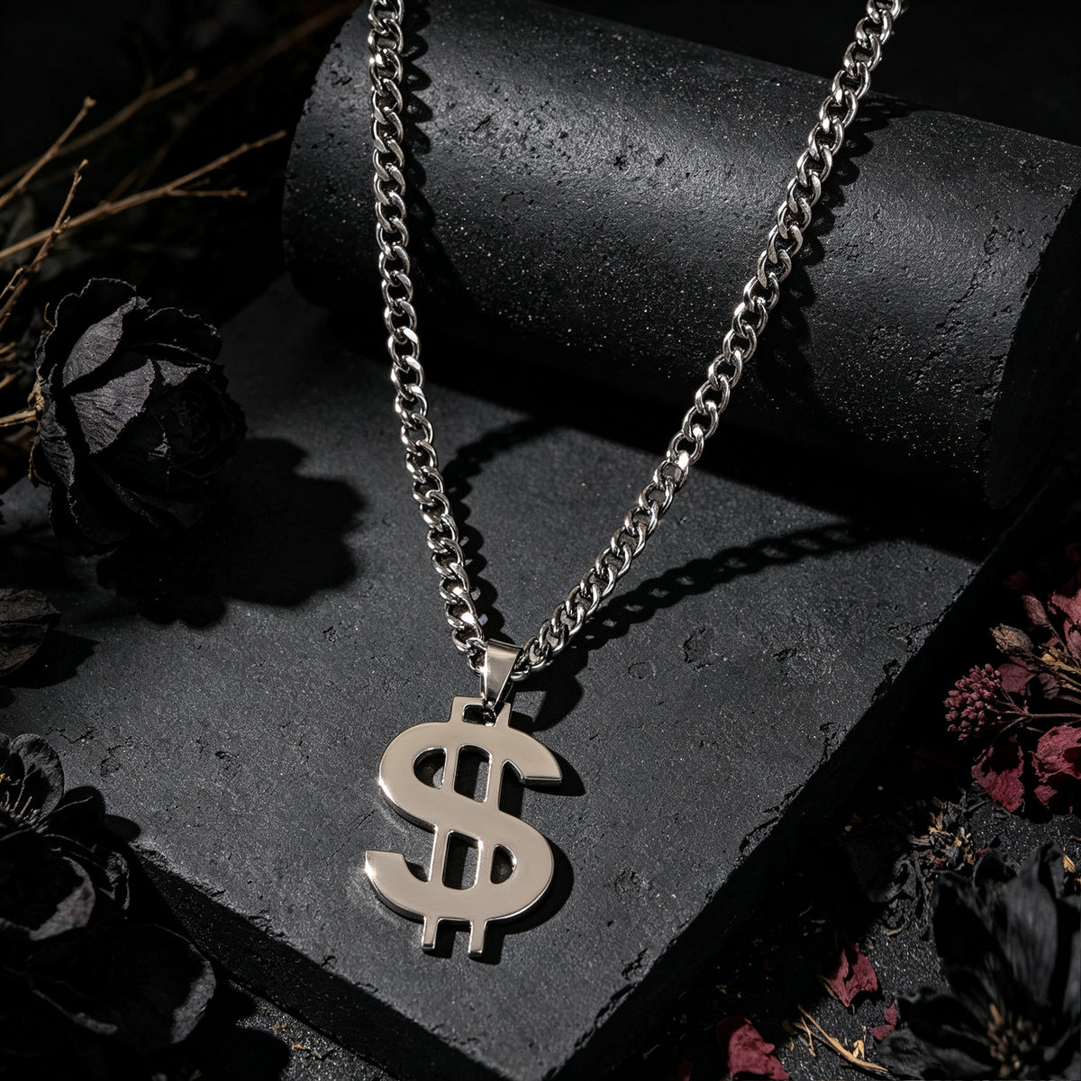 Street Style Silver Dollar Sign Pendant Cuban Chain Necklace Personality Jewelry
