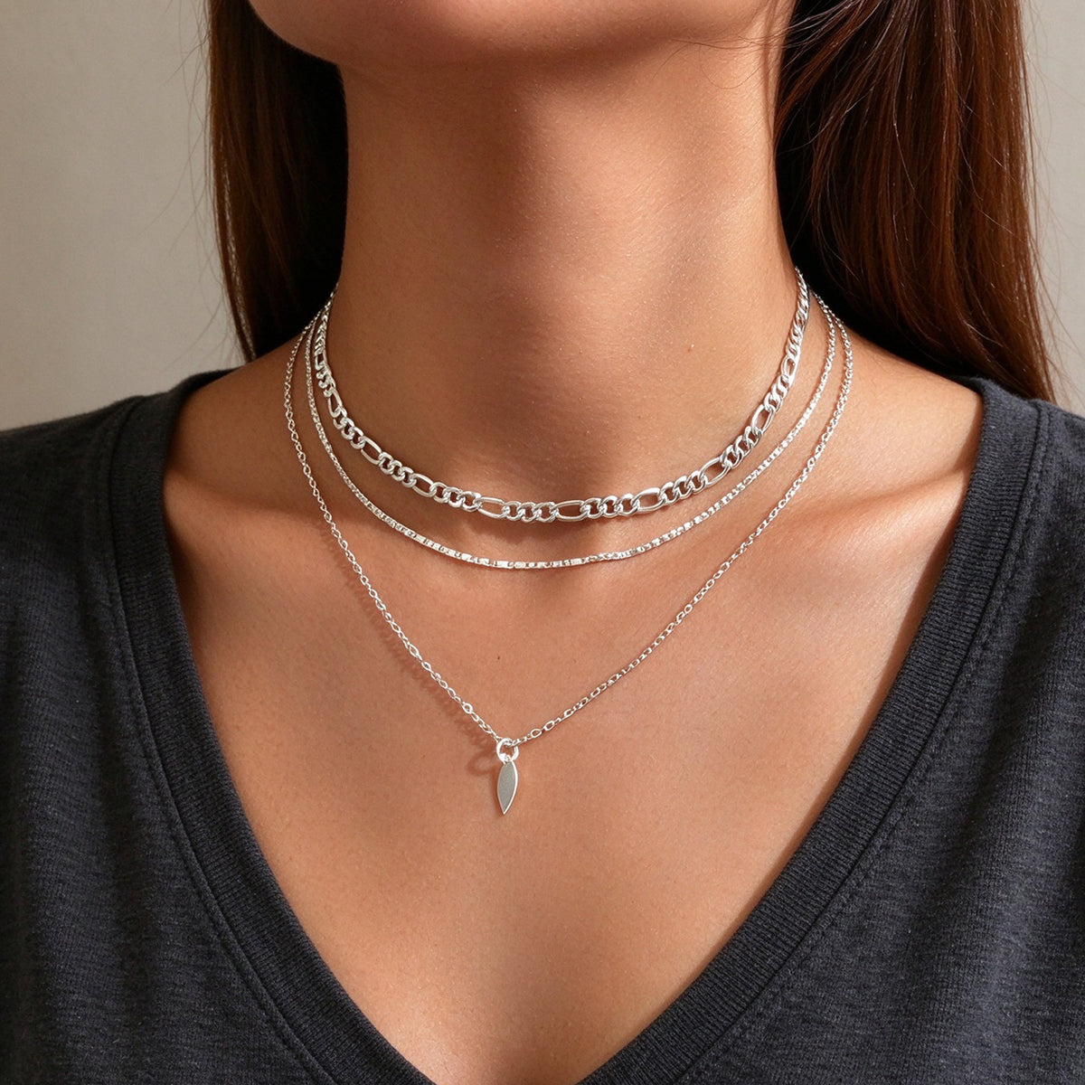 2PCS Gold Silver Layered Figaro Chain Leaf Pendant Necklace Dainty Jewelry gift