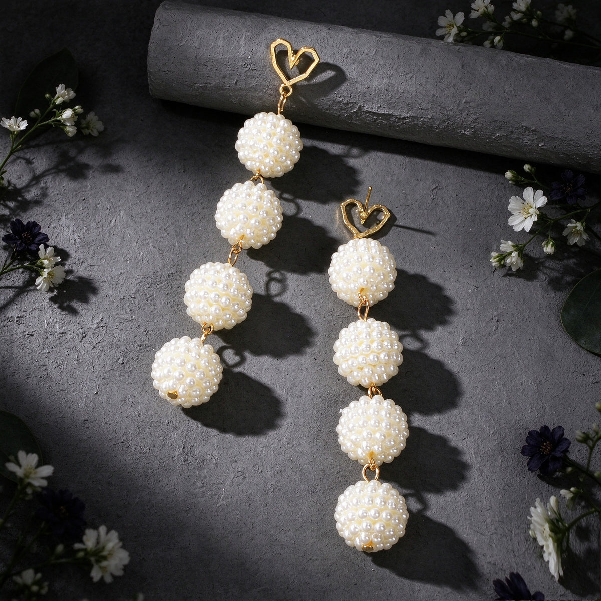 Wedding Bridal Party Gold Heart Stud Long Imitation Pearl Ball Dangle Earrings