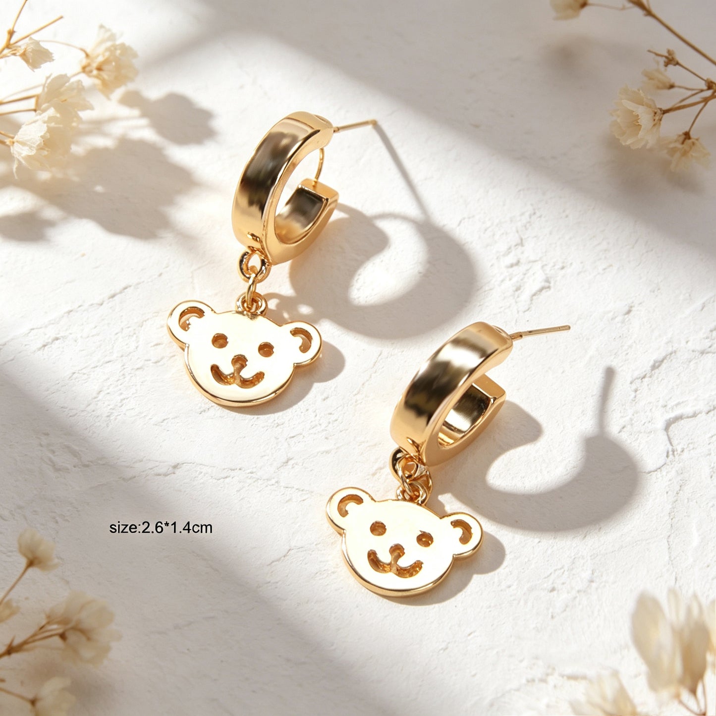 Cartoon Gold Smiley Bear Head Dangle Earrings Cute Animal Element Jewelry Birthday Gift