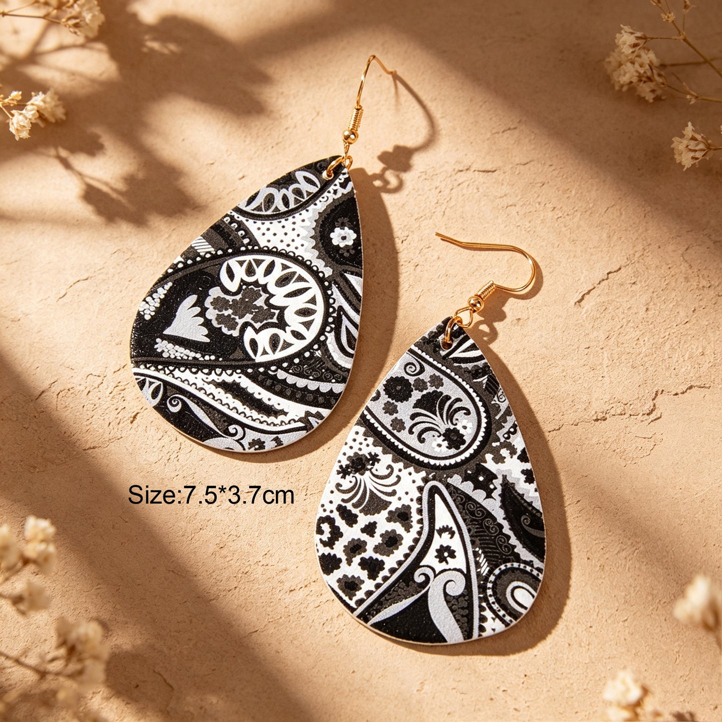 Boho Black White Paisley Pattern Water Drop PU Leather Dangle Earrings Beach Vacation Jewelry