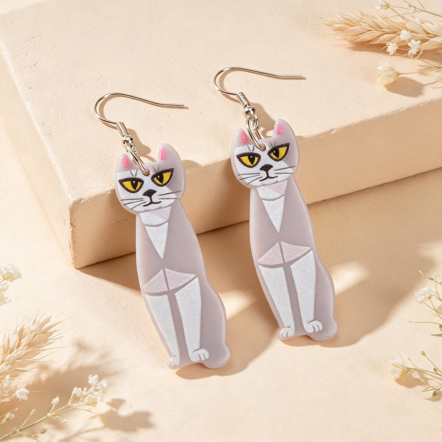 Fun Grey Long Cat  Acrylic Dangle Earrings Cute Pet Animal Element Accessories