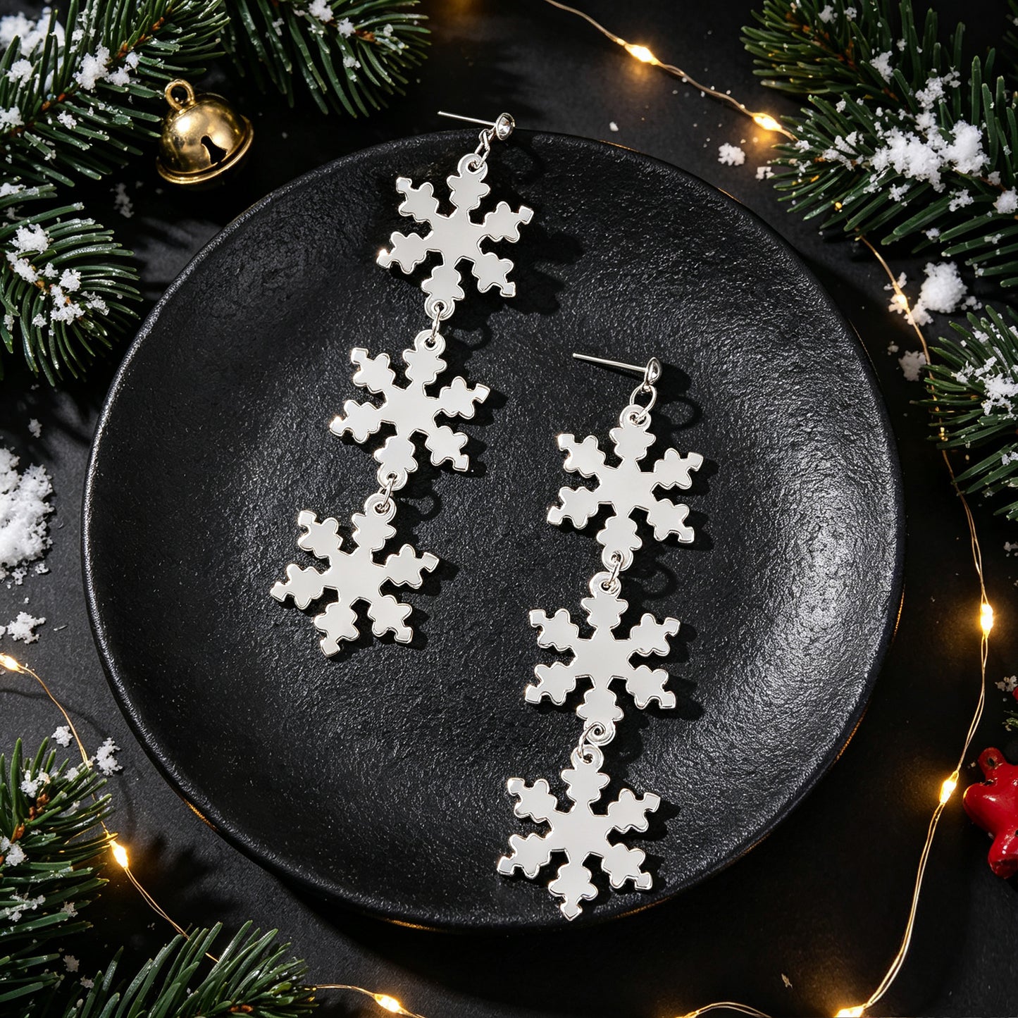 Christmas Snowflake Silver Long Dangle Drop Earrings Festive Statement Accessory