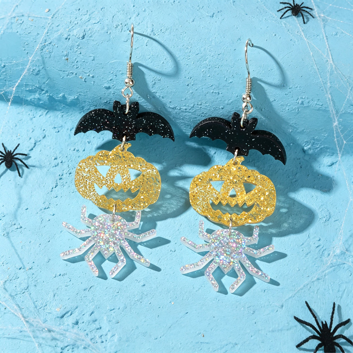 Halloween Glitter Bat Pumpkin Spider Drop Earrings Spooky Holiday Party Jewelry
