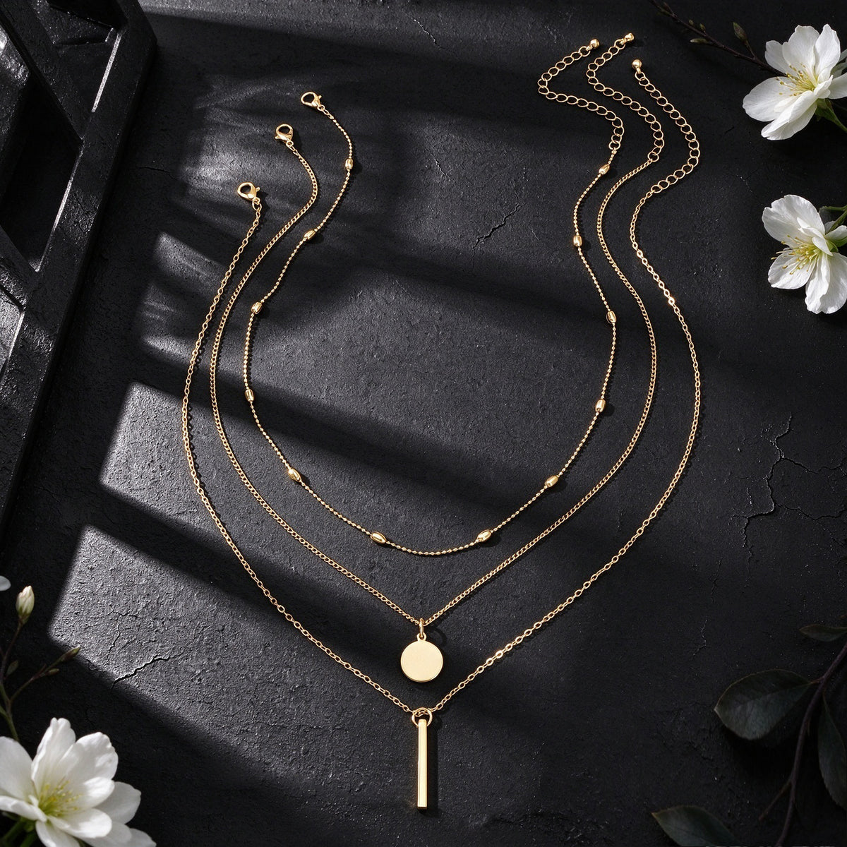 3pcs Minimalist Gold Layered Necklace Beads Disc Bar Decor Daily Party Jewellery