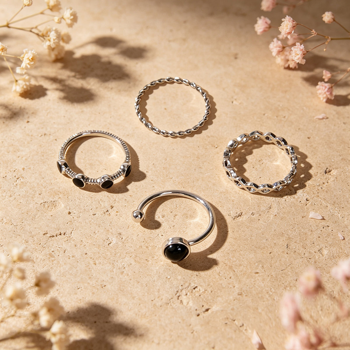 4pcs Geometric Element Silver Stackable Knuckle Midi Thread Finger Rings Set