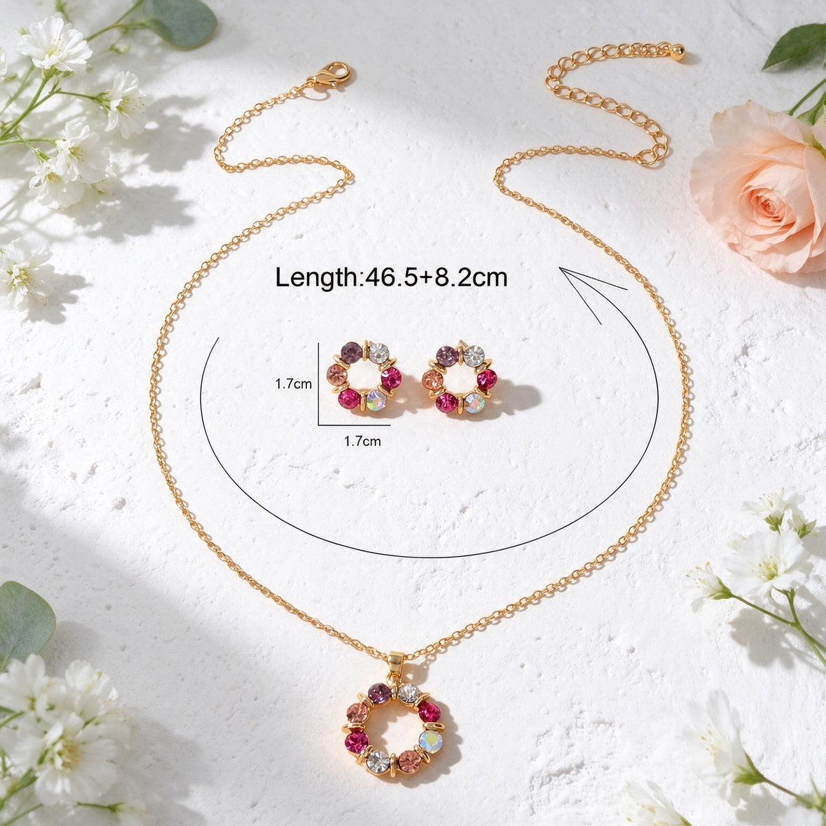 Glitter Flower Stud Earrings Pendant Necklace Jewellery Set Wedding Accessories