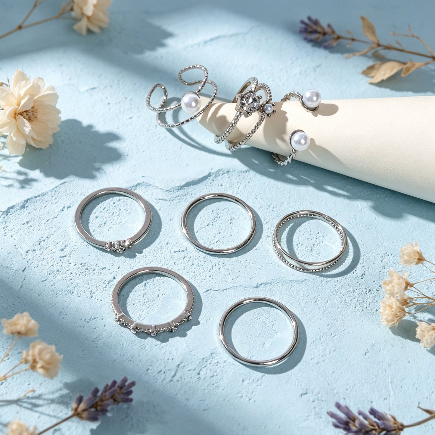 8pcs Stackable Rings Set Elegant Silver Pearl Crystal Fashion Statement Jewelry