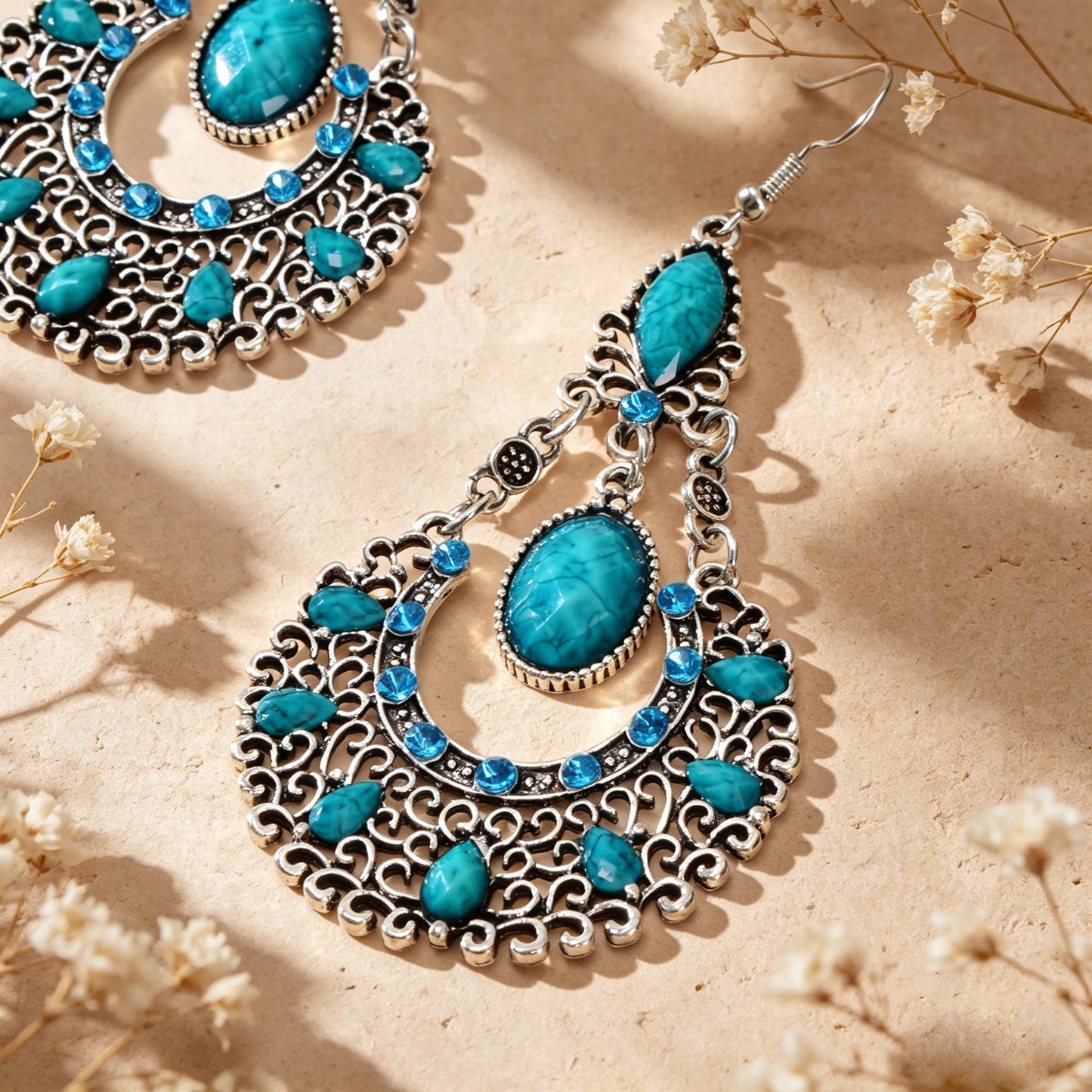 Boho Beads Decor Antique Silver Water Drop Dangle Earrings Beach Vacation Travel Jewelry