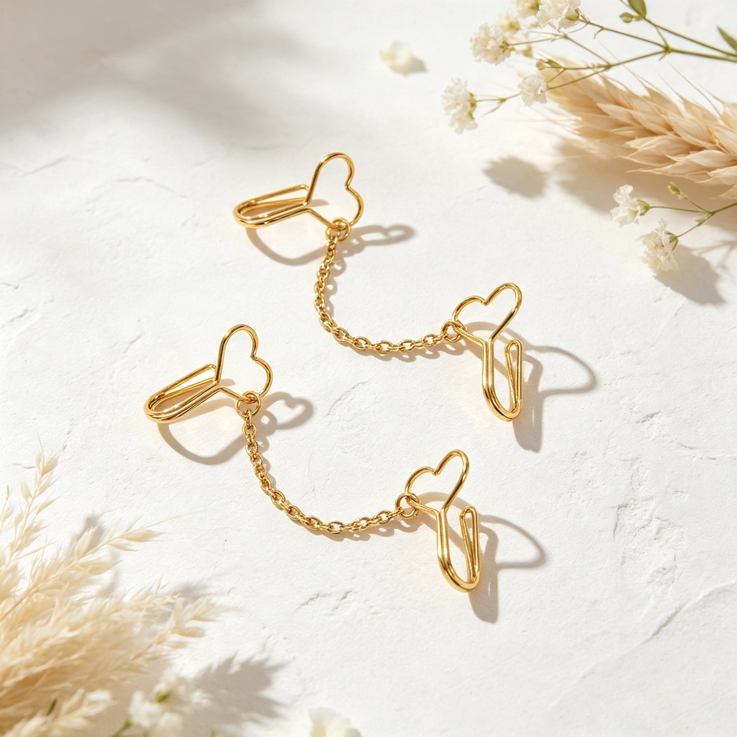 2pcs Heart Chain Linked Ear Cuff Punk Street Gold Non-Pierced Cartilage Ear Clip