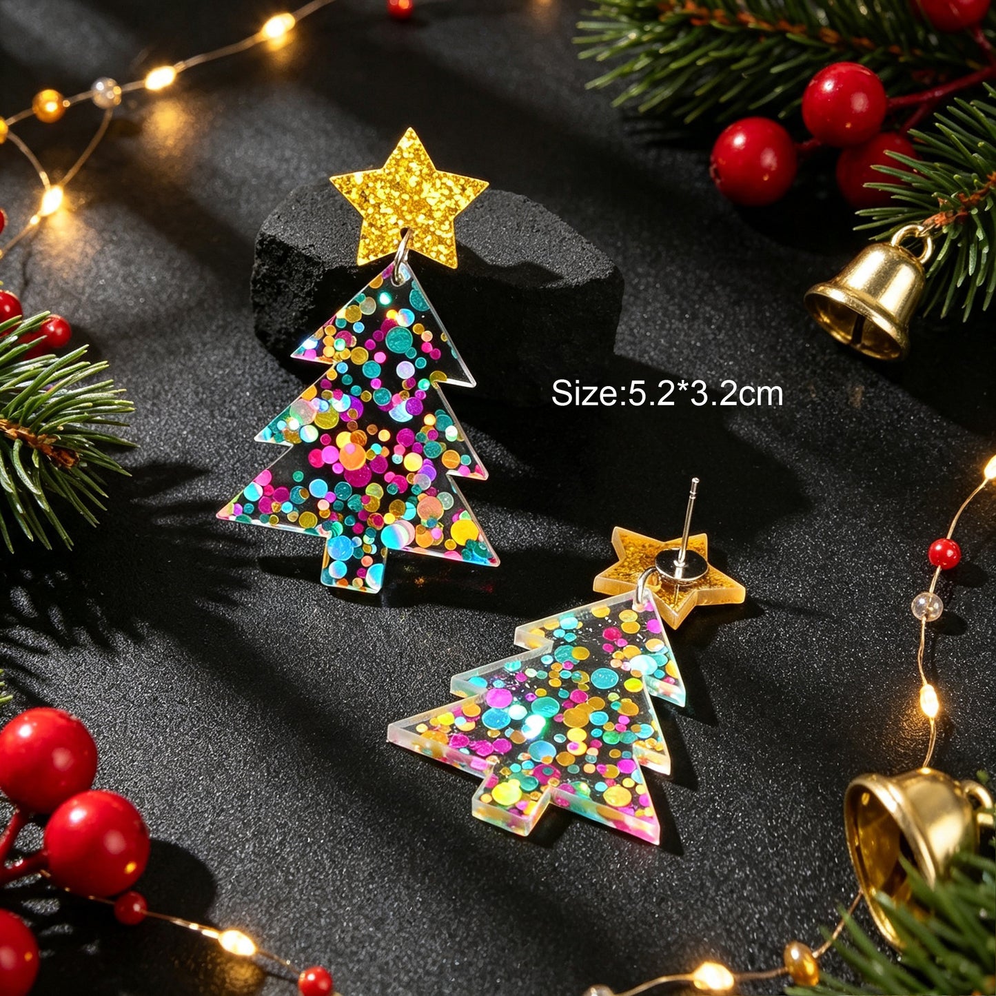 Christmas Tree Dangle Earrings Glitter Star Acrylic Colorful Xmas Party Jewelry