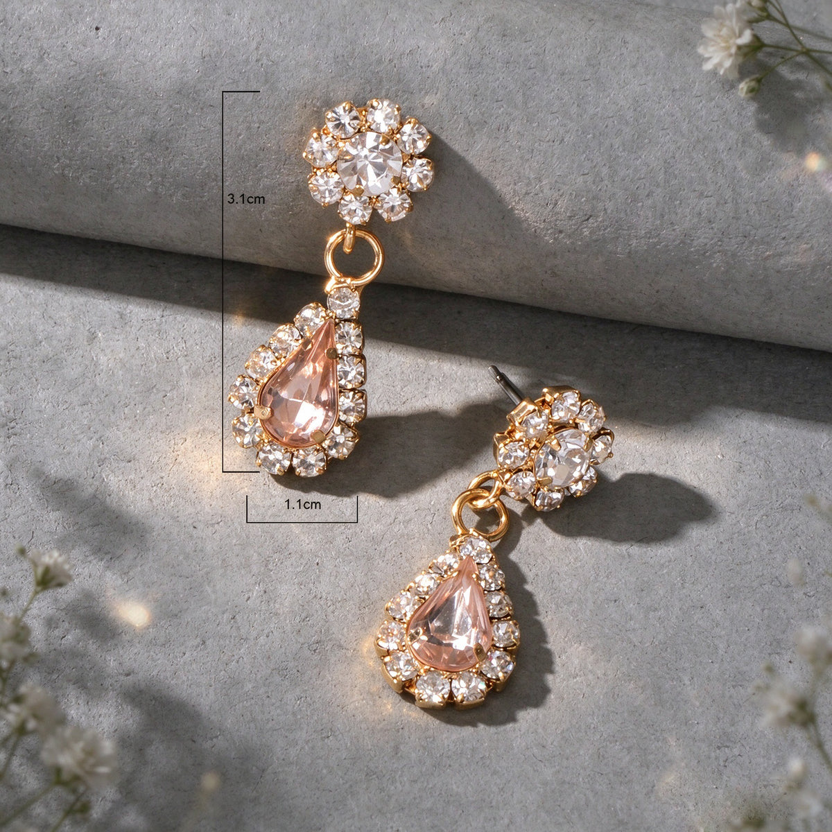 Elegant Pink Teardrop Drop Earrings Rhinestone Floral Stud Evening Party Jewelry