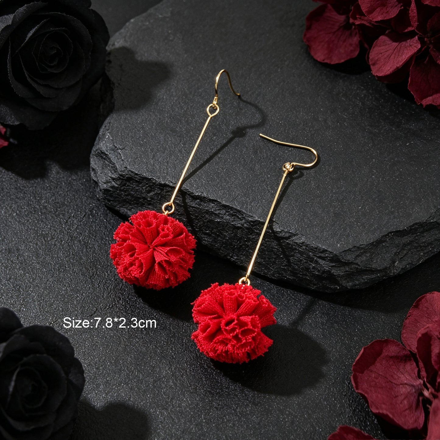 Romantic Red Fabric Flower Long Dangle Earrings Wedding Festival Party Jewelry