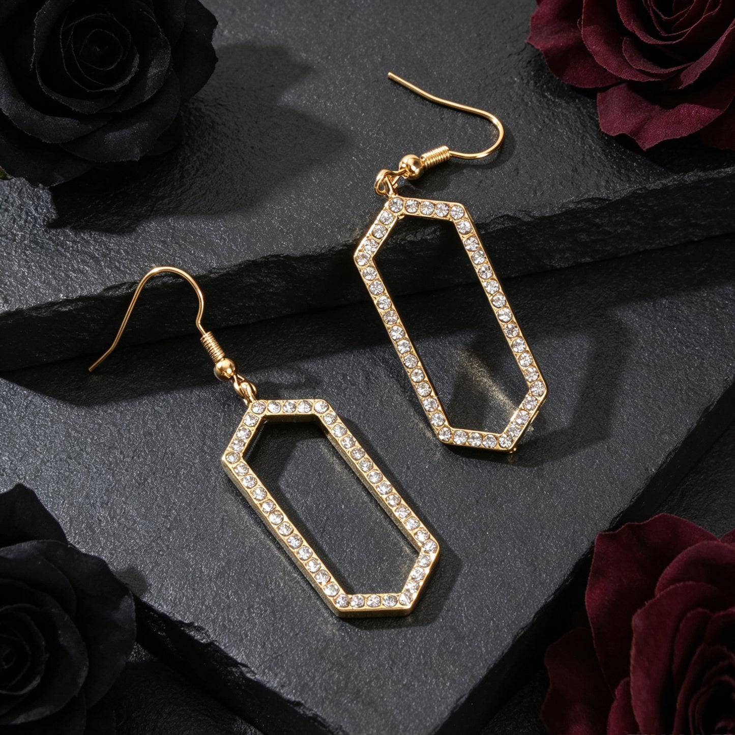 Sparkling Gold Hexagon Geometric Dangle Earrings Luxurious Banquet Party Jewelry