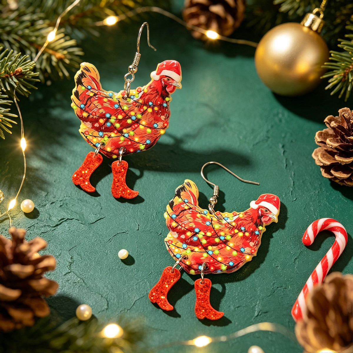 Christmas Chicken Dangle Earrings Santa Hat Red Boots Colorful Light Decor Funny Animal Jewelry