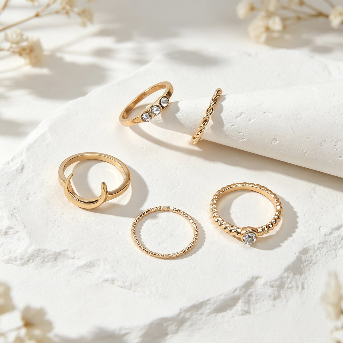 5pcs Gold Stackable Midi Finger Rings Moon Rhinestone Decor Minimalist Jewellery