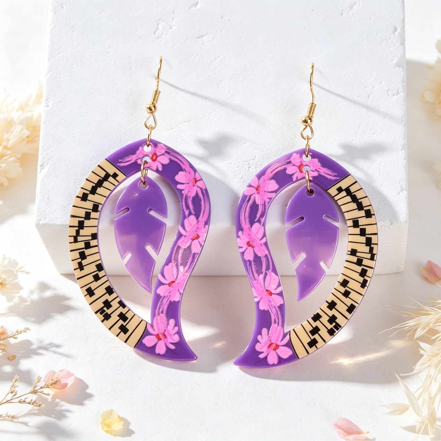 Boho Piano Key Floral Pattern Purple Acrylic Leaf Dangle Earrings Party Vacation Photoshoot Jewelry