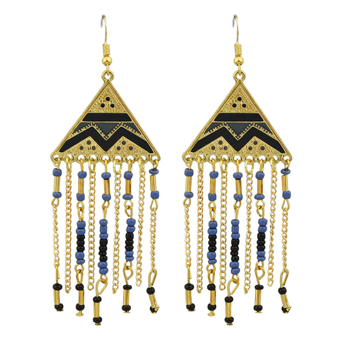 Triangle Colourful Enamel Beads Long Chain Tassel Ethnic Jewellery Boho Earrings