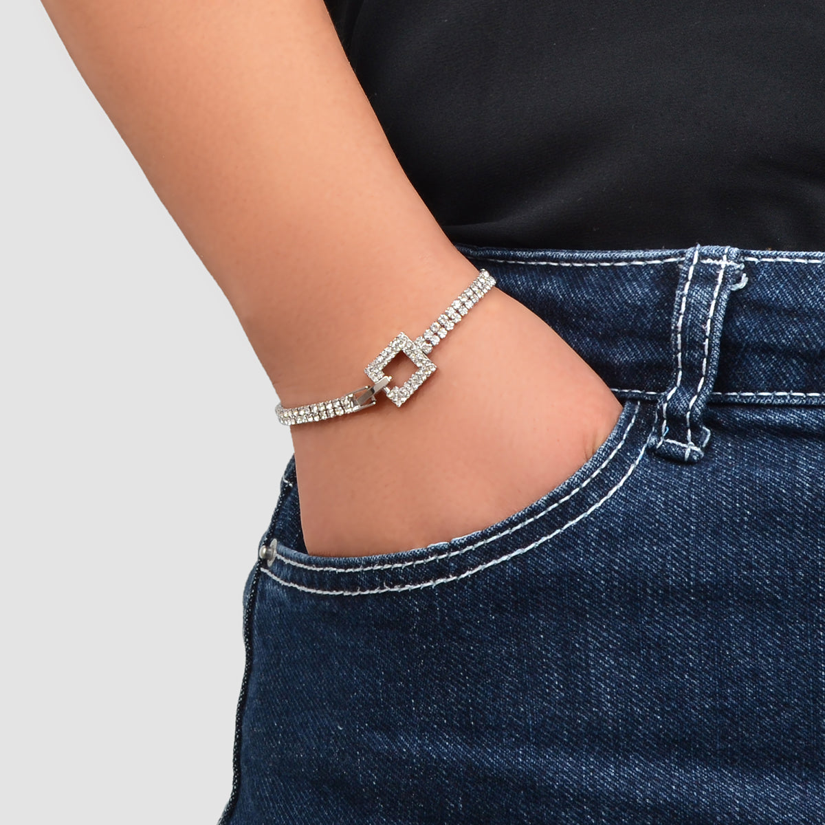 Textured Jewelry Full Rhinestone Rosegold Geometric Chain Women Tennis Bracelet