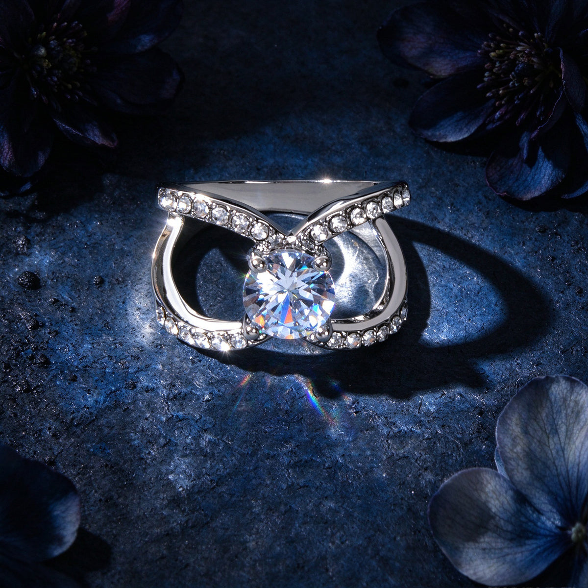 Luxury Imitation Diamond Silver Split Shank Ring Statement Wedding Party Jewelry