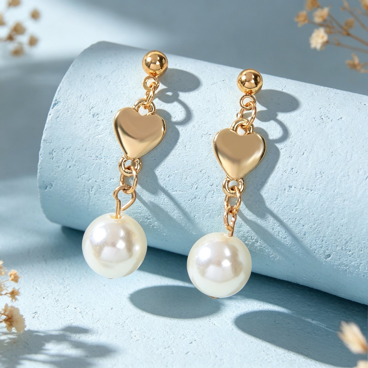 Lovely Gold Heart Pearl Chain Drop Dangle Earrings Daily Party Dating Jewellery