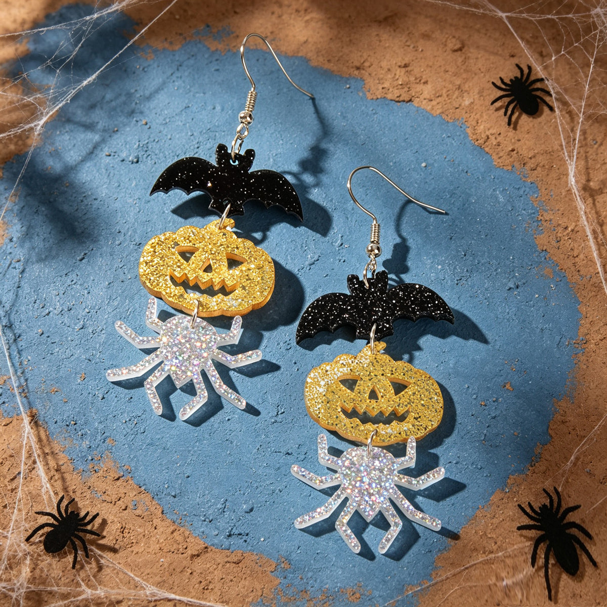Halloween Glitter Bat Pumpkin Spider Drop Earrings Spooky Holiday Party Jewelry