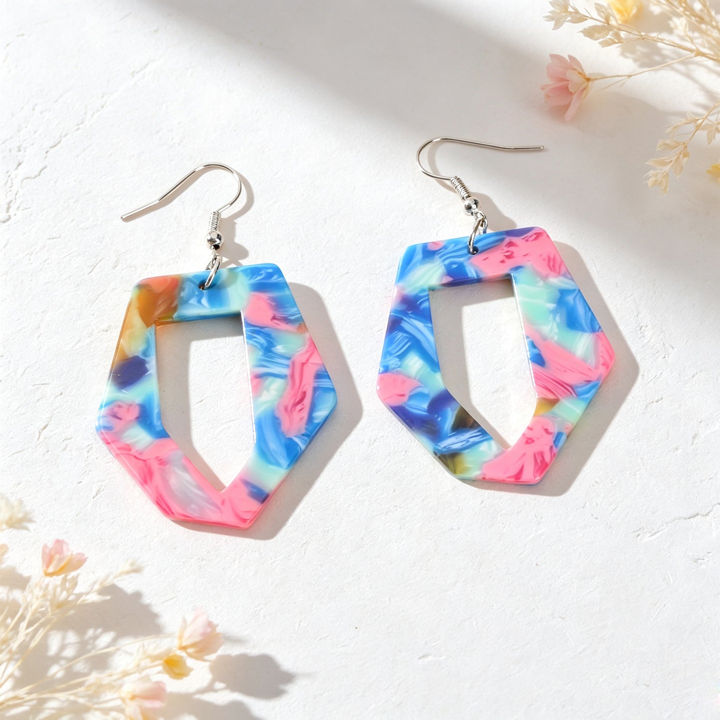 Irregular Geometric Shape Colorful Stone Vein Acrylic Earrings  Beach Vacation Pool Party Jewelry