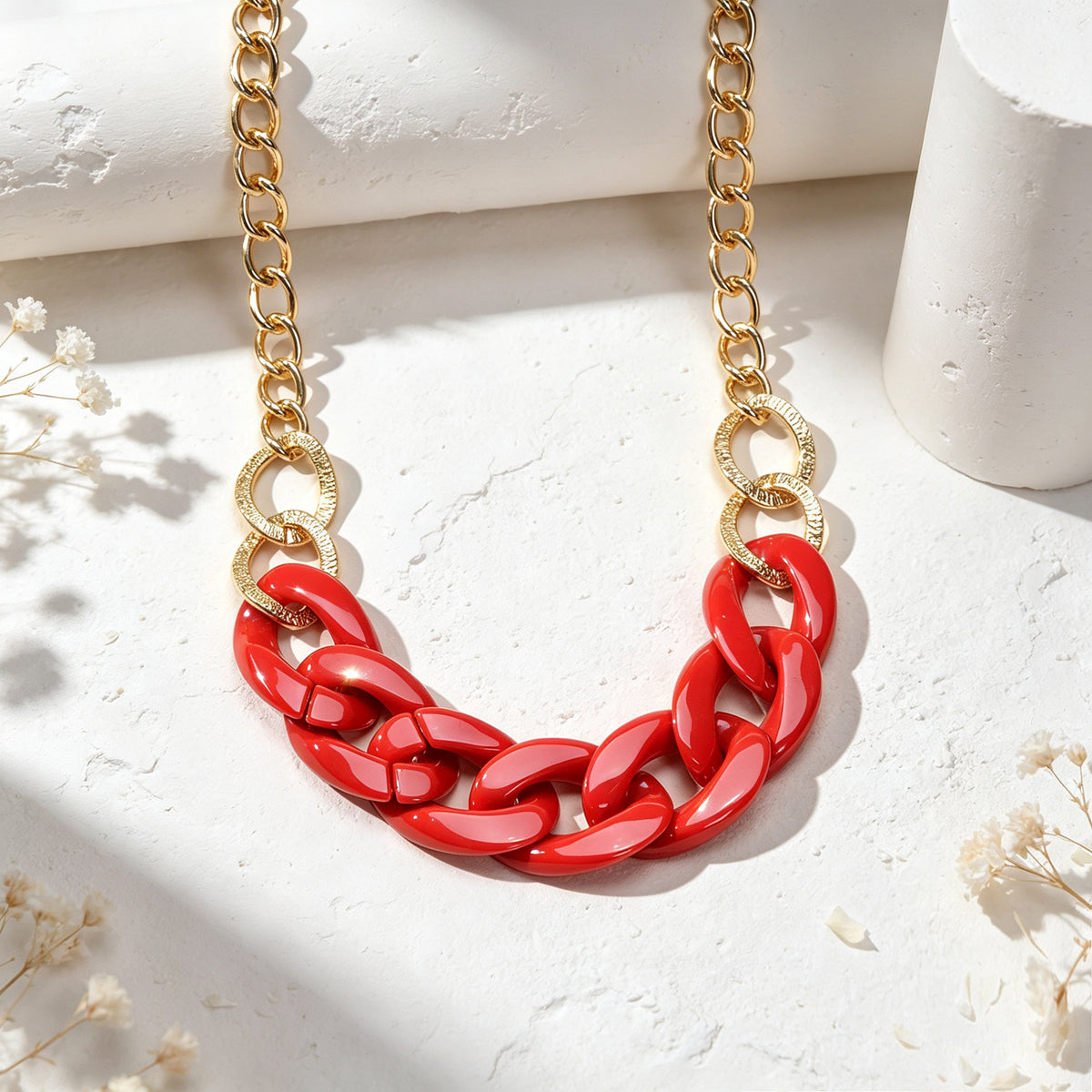 Chunky Red Resin Gold Metal Mixed Chain Collar Necklace Bold Beach Party Jewelry