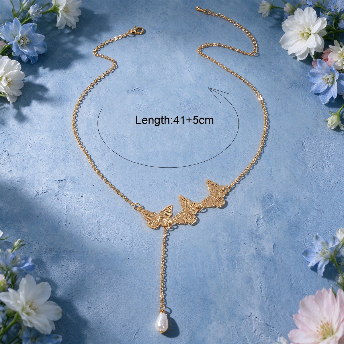 Elegant Hollow Butterfly Y Necklace Gold Chain Faux Pearls Pendant Party Jewelry