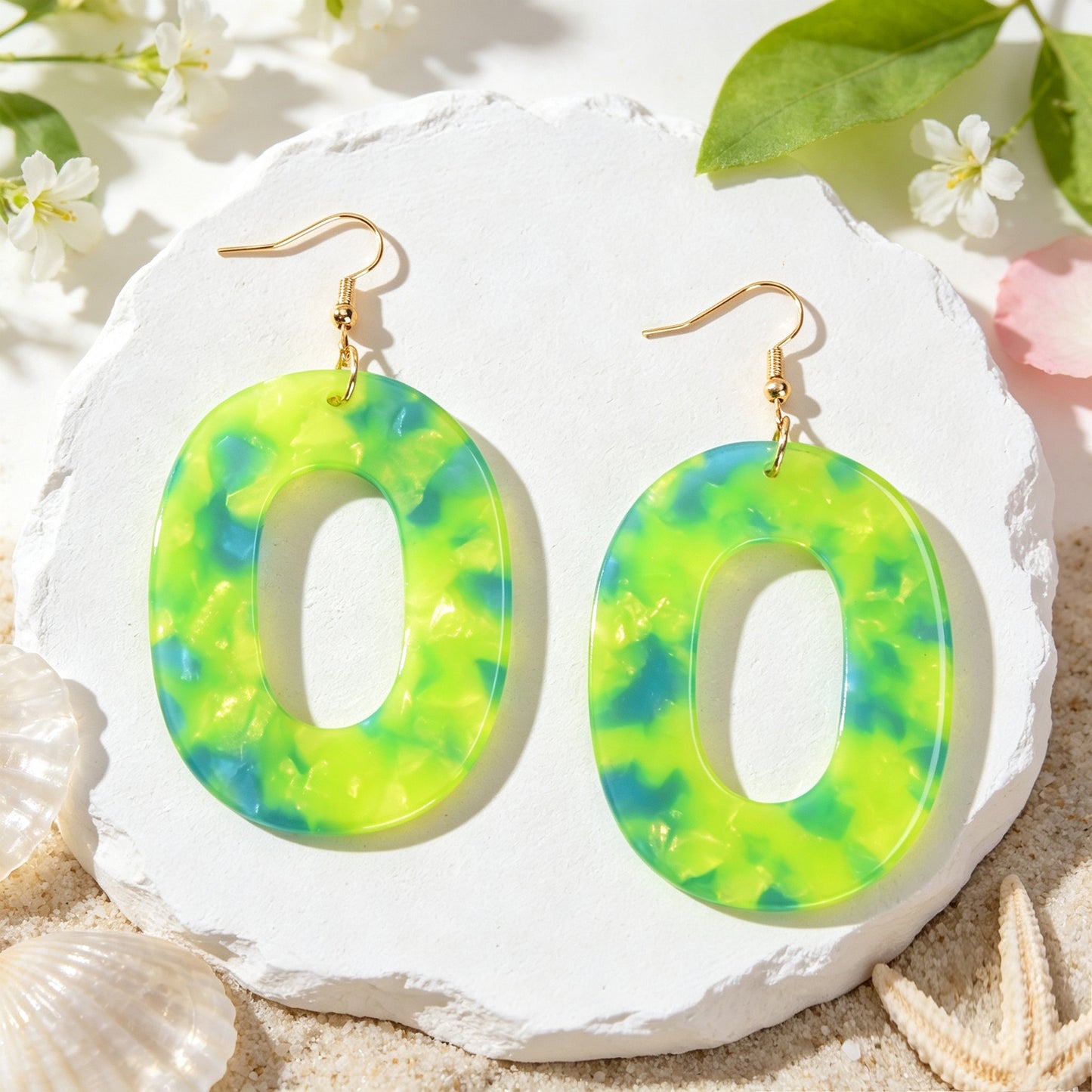 Boho Green Marble Grain Hollow Geometric Acrylic Dangle Earrings Beach Holiday Pool Party Jewelry