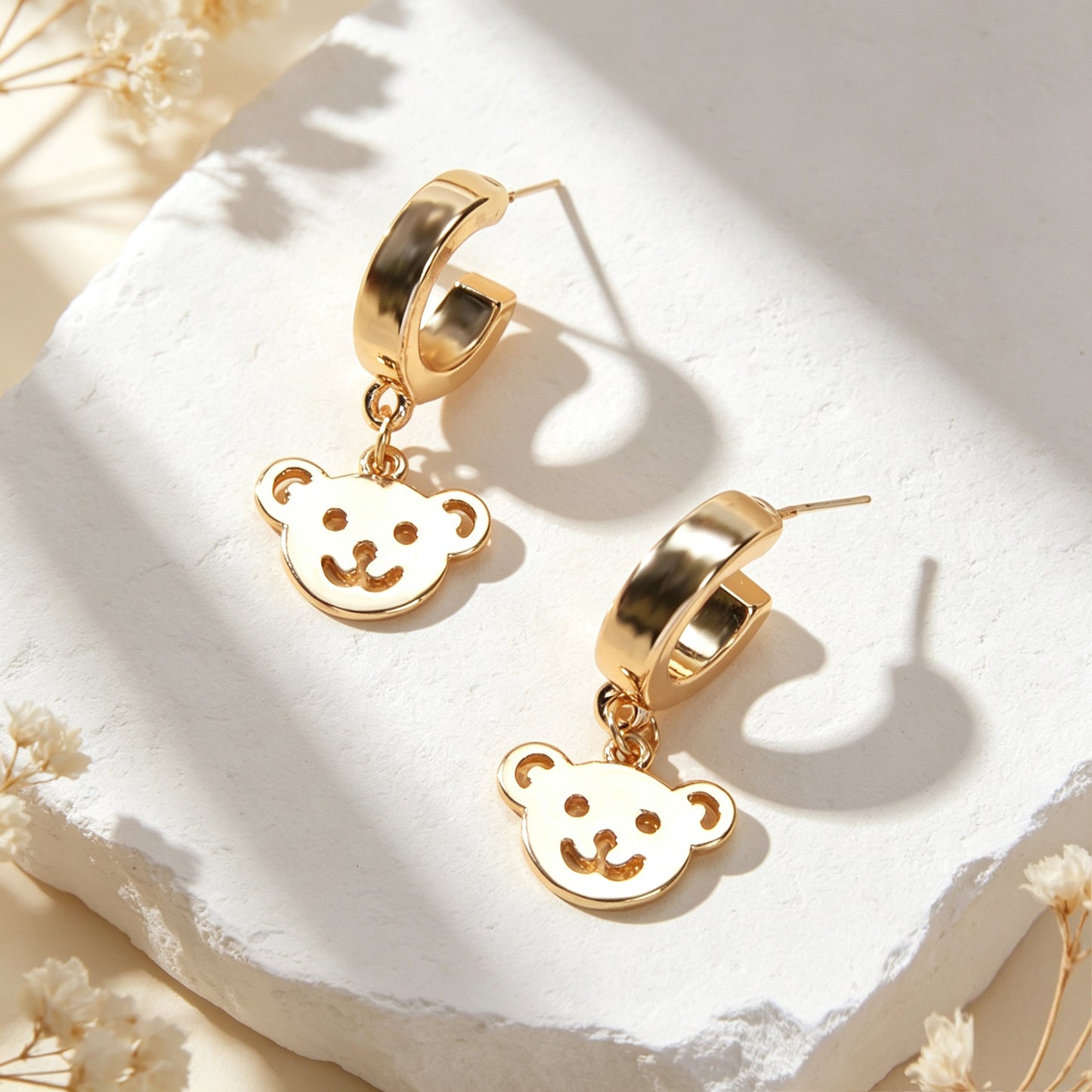 Cartoon Gold Smiley Bear Head Dangle Earrings Cute Animal Element Jewelry Birthday Gift