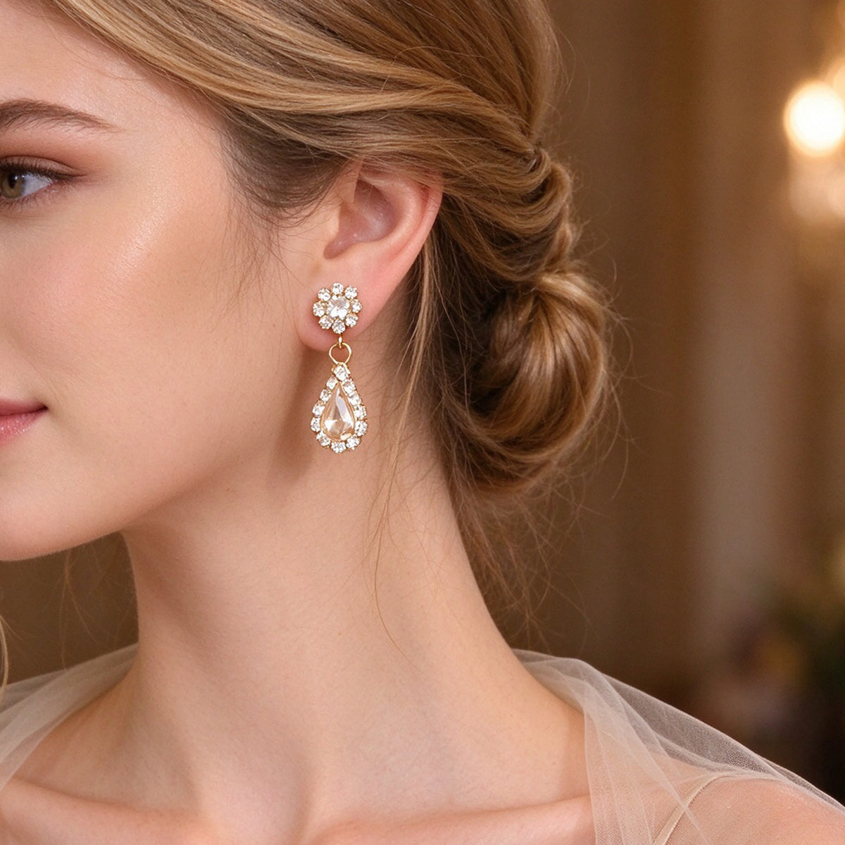 Elegant Pink Teardrop Drop Earrings Rhinestone Floral Stud Evening Party Jewelry