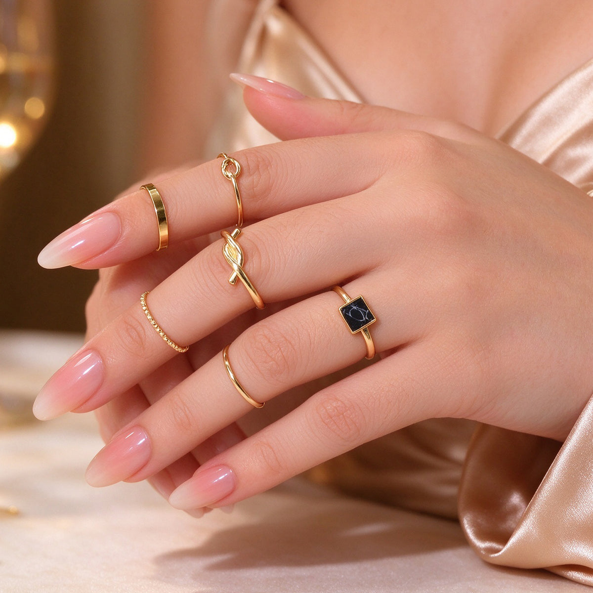 6pcs Minimalist Black Square Geometric Silver Gold Stackable Knotted Finger Ring