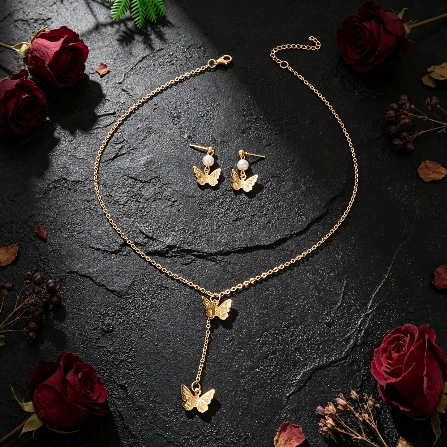 Gold Butterfly Set Y Drop Necklace Pearl Dangle Earrings Wedding Party Accessory