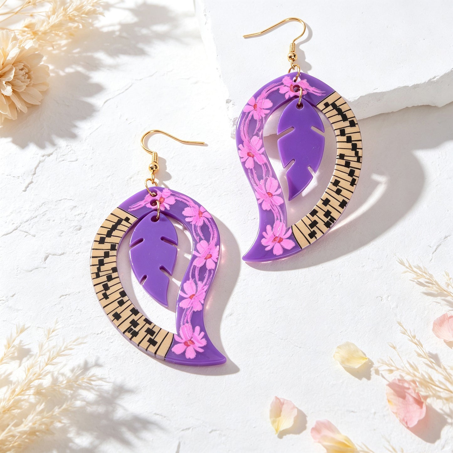 Boho Piano Key Floral Pattern Purple Acrylic Leaf Dangle Earrings Party Vacation Photoshoot Jewelry