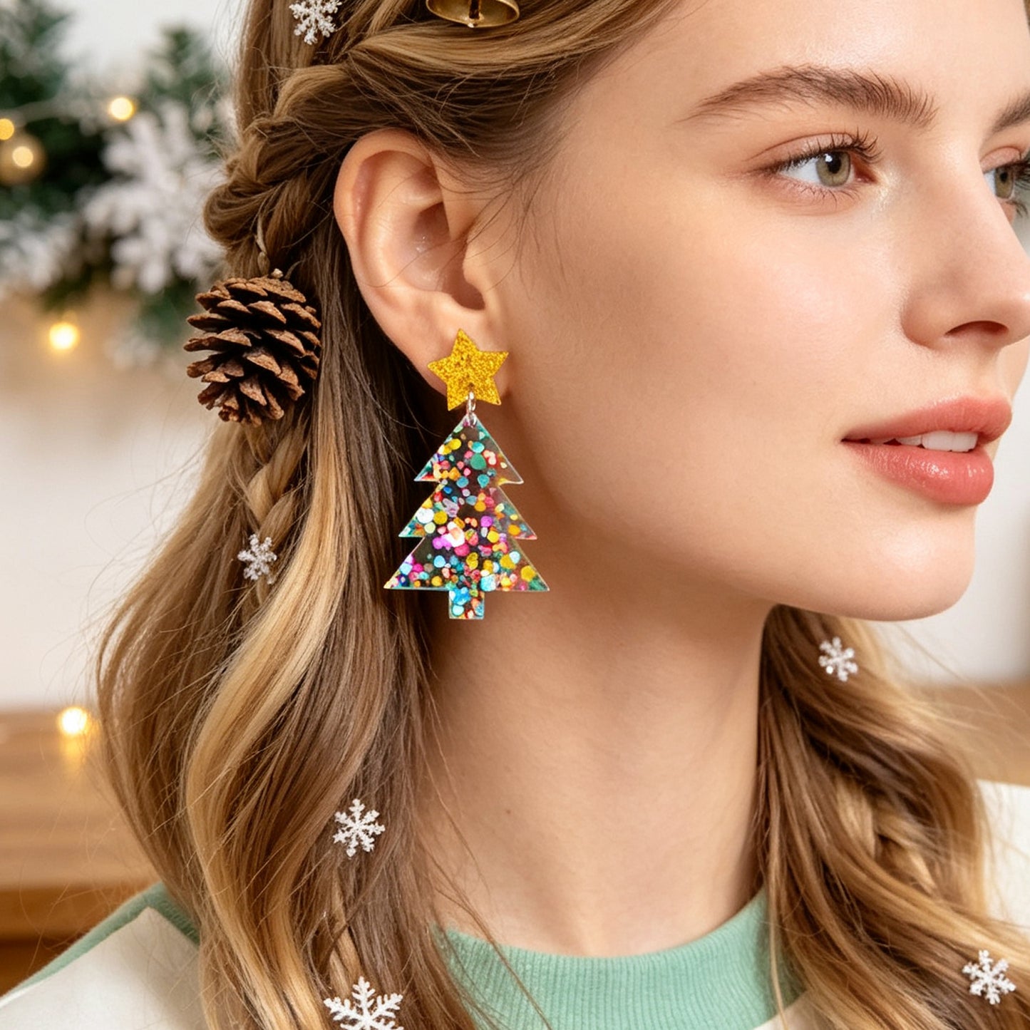 2 pairs Cartoon Christmas Tree Koala Drop Earrings Lovely Holiday Party Jewelry
