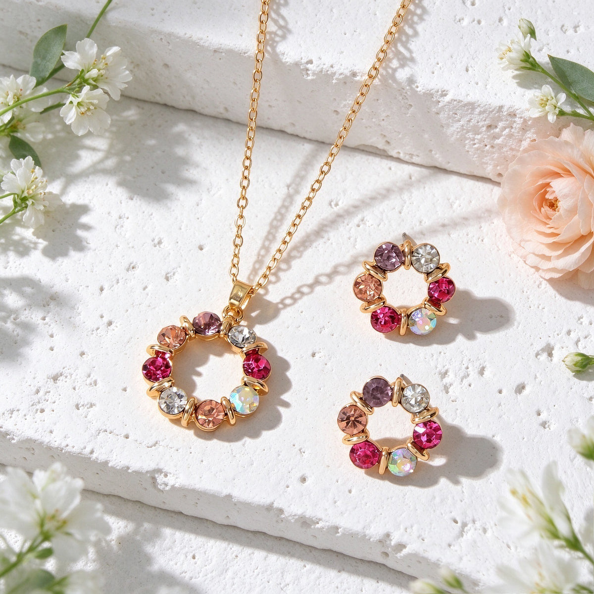 Glitter Flower Stud Earrings Pendant Necklace Jewellery Set Wedding Accessories